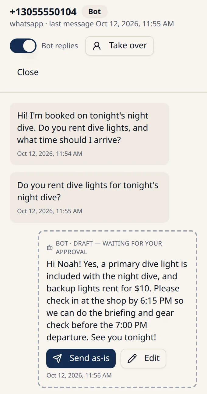 A WhatsApp conversation in DiveConnect: a diver asks about renting dive lights, and a reply drafted from the shop's trip details waits for staff approval.